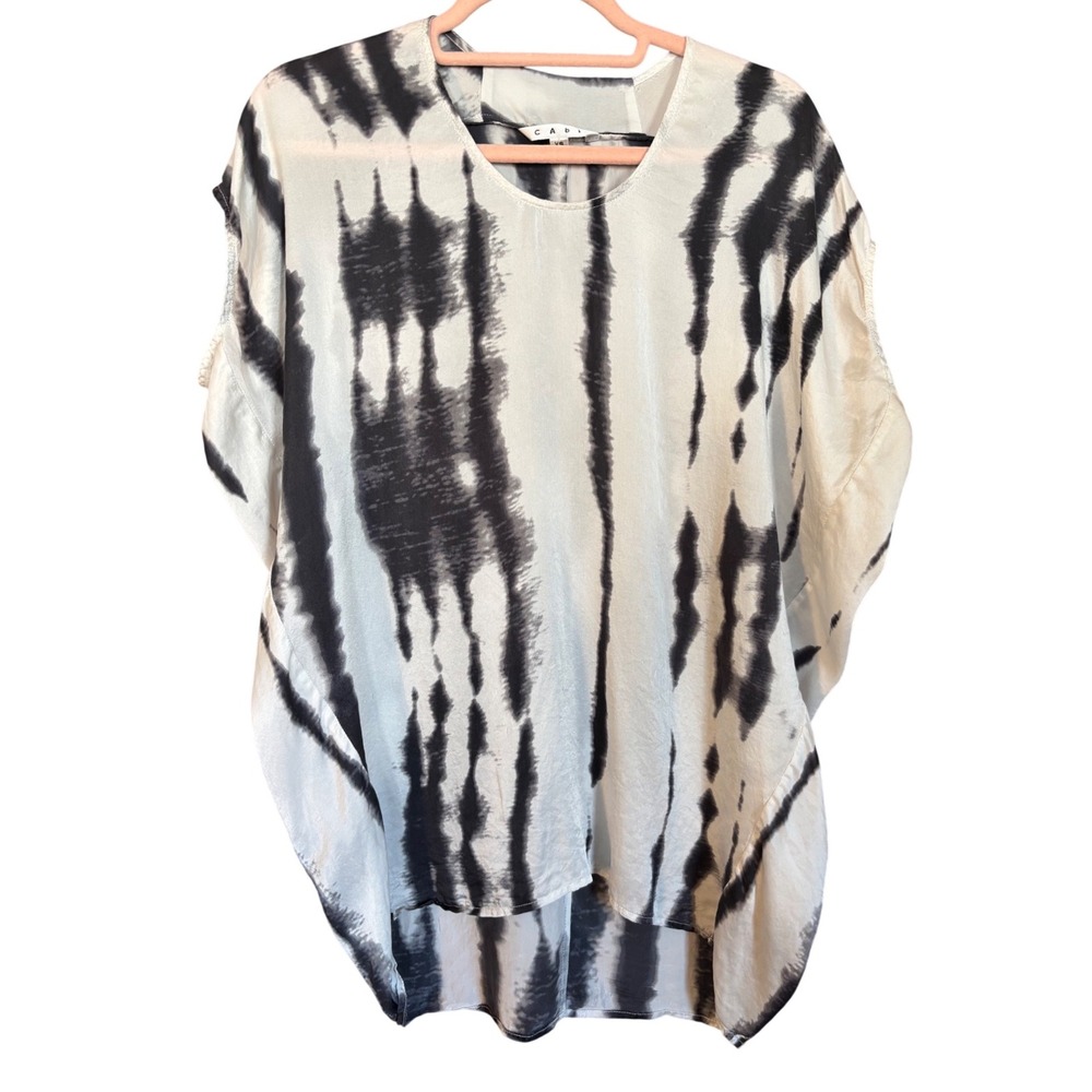 Cabi 137‎ Womens XS Black White Tie Dye Stripe 100% Silk Oversized Blouse Top